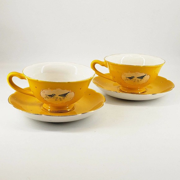 Anthropologie Other - 2 Anthropologie Blue Bird Yellow Tea Cup & Saucer Set Gold Trim